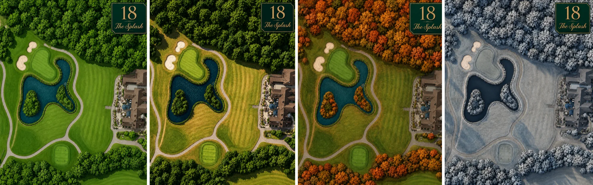 The 18th hole shown four times side by side through the year: green in spring, sun-bleached in summer, the woodland turned orange in autumn, and the lake and fairway under frost in winter.
