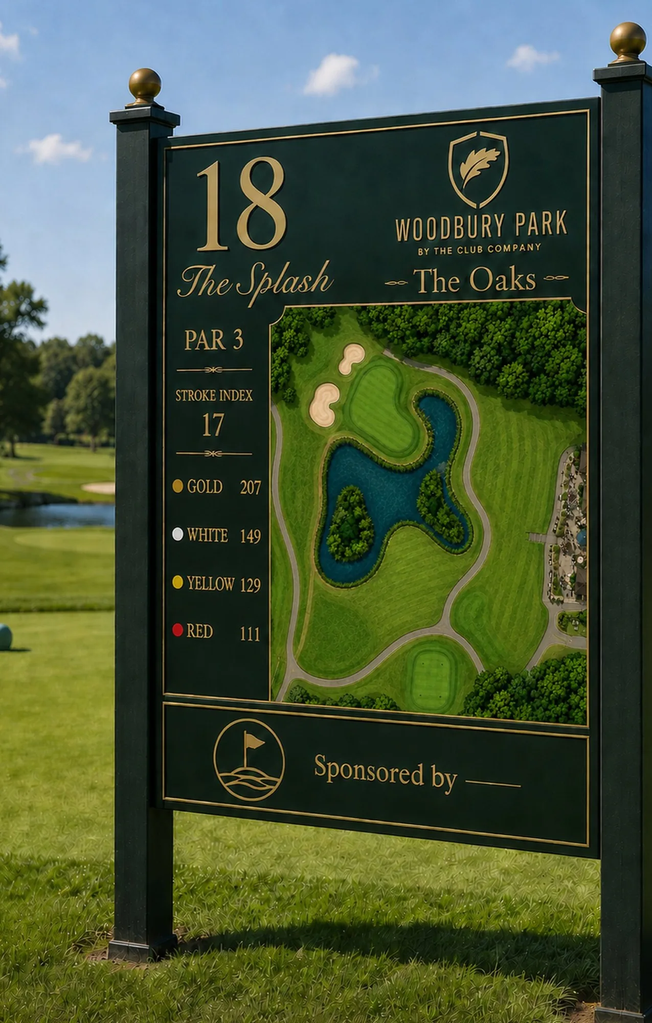 Dark green and gold tee sign on posts at the 18th, photographed close up against a blue sky, giving the hole name The Splash, par 3, stroke index 17, distances of 207, 149, 129 and 111 yards from the gold, white, yellow and red tees, an aerial plan of the hole, and a blank sponsor panel along the foot.