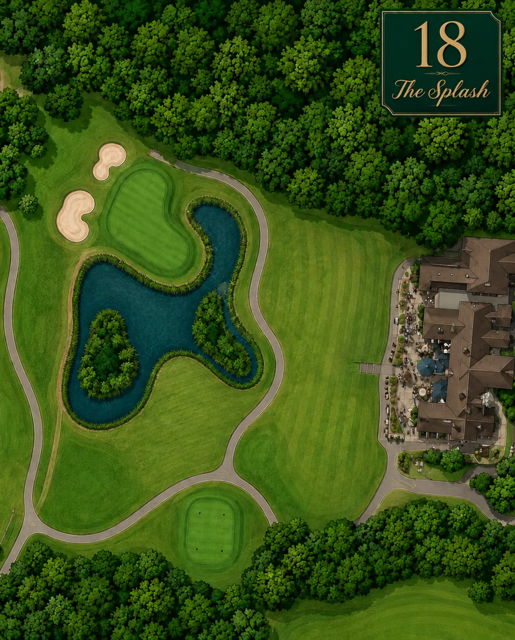 Overhead view of the 18th hole, The Splash, showing the tee, the irregular lake with its wooded island guarding the green, two bunkers beyond, and the clubhouse and terrace to the right.
