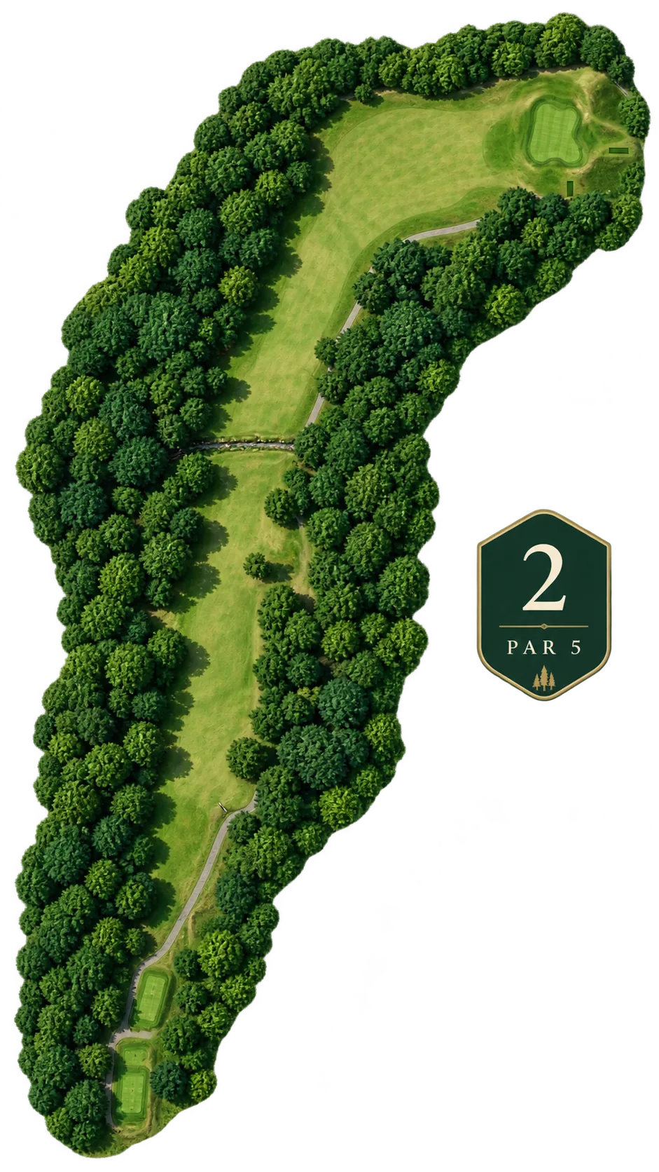 Aerial view of the 2nd hole cut out from its surroundings, a long dogleg fairway curving between dense oak woodland to a green set in a clearing, marked par 5.