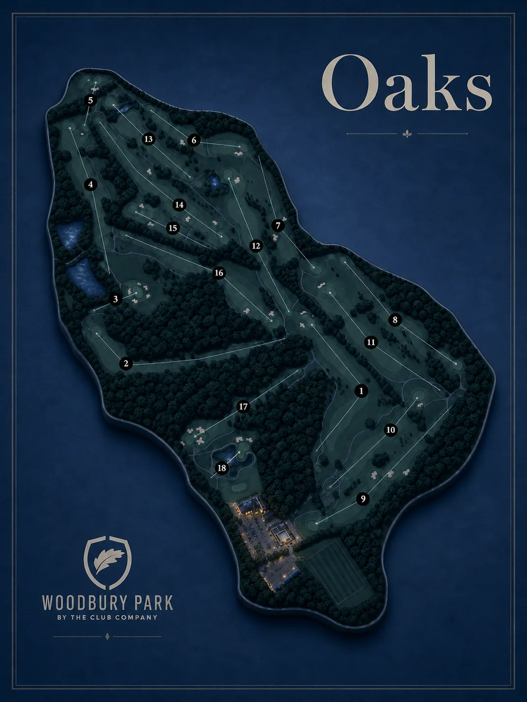 The Oaks course map rendered at night in deep navy, the fairways and lakes in shadow and the clubhouse windows lit gold.