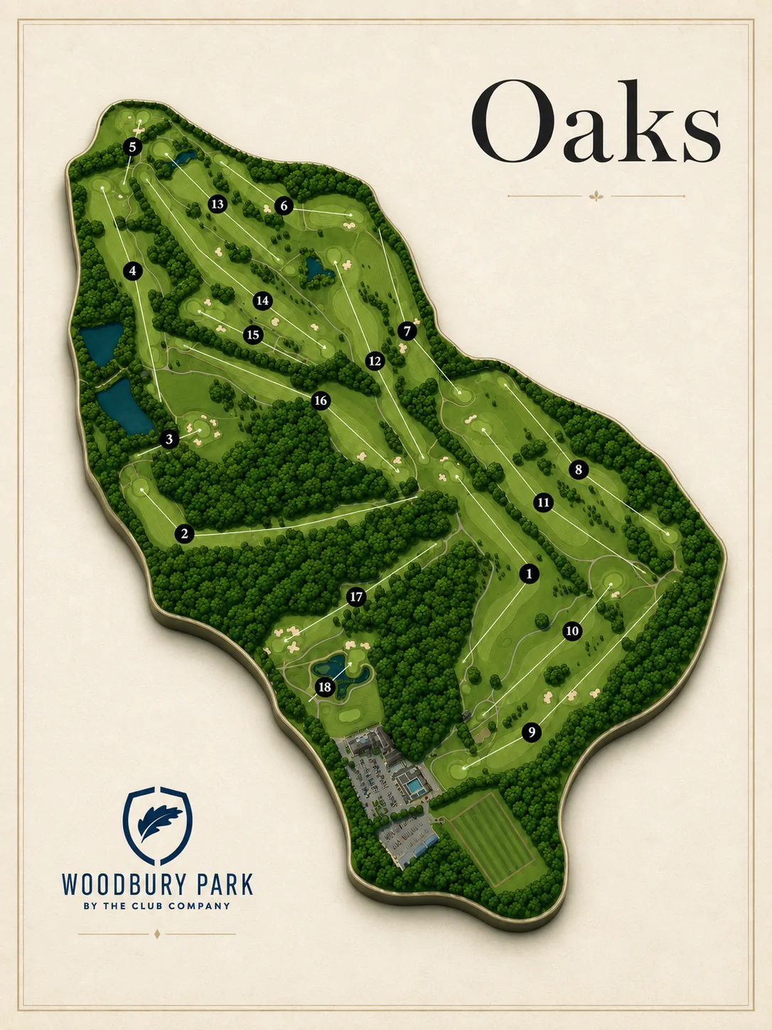 Illustrated aerial map of the Oaks course at Woodbury Park on cream paper, showing all eighteen holes numbered in black markers, with fairways, bunkers, lakes and surrounding woodland, and the clubhouse at the southern end.